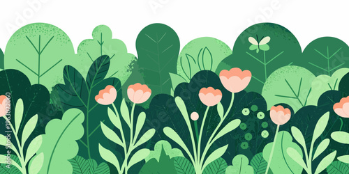 Stylized floral illustration featuring lush green foliage and delicate pink blooms