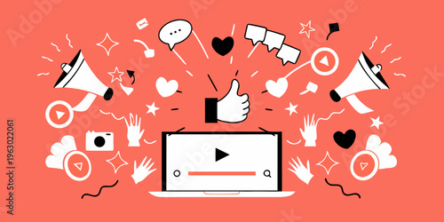 Digital communication and social media interaction bursting from a laptop screen