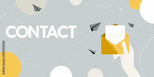 Contact concept with paper airplanes envelope and a hand illustration