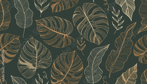 Elegant tropical leaves form a seamless dark green and gold pattern