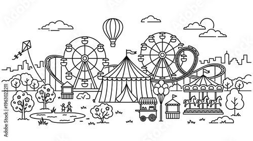 Amusement park rides and attractions vector outline.