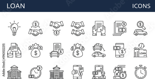 Loan finance outline icon set including banking agreement mortgage money car loan approval payment investment and financial service symbols
