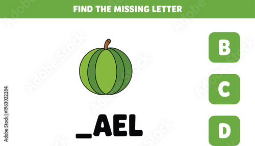 Educational worksheet for young children to find the missing letter for watermelon