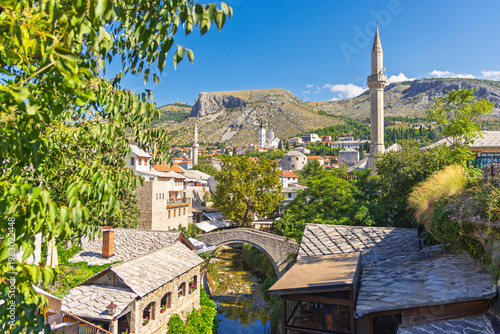 Fotografie Historical heritage with Kriva Cuprija stone bridge in Mostar, Bosnia and Herzeg