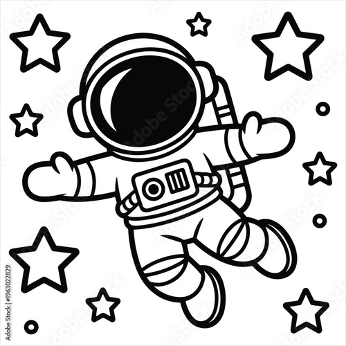 Cartoon astronaut floating in space with stars for coloring page