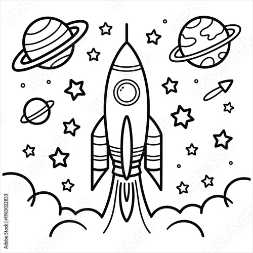 Black and white line of a rocket ship launching into space with planets and stars