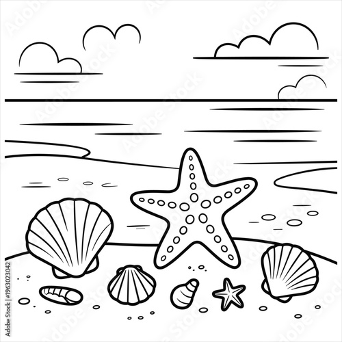 Starfish and seashells on a sandy beach coloring page