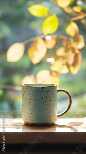 Ceramic Mug on Wooden Surface with Blurred Autumn Foliage Background