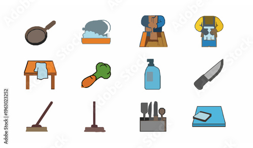 Happy family cooking and cleaning together cartoon vector illustration of household teamwork isolated on white