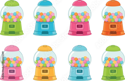 Gumball machine vector set, colorful candy dispensers collection with retro style playful design
