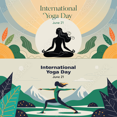 Energetic vector illustration for International Yoga Day, featuring a dynamic warrior pose set against a beautiful natural landscape. Ideal for promoting active and mindful living .