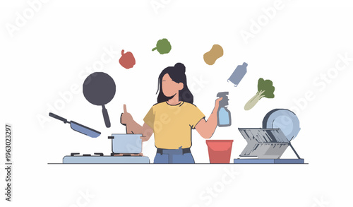 Modern woman cooking and cleaning multitasking in kitchen flat vector illustration isolated on white background