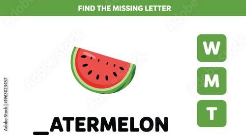 Educational game for children to find the missing letter for the word watermelon