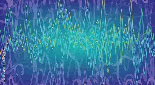 Abstract background with multiple wavy, fluctuating lines forming a vibrant sound wave or energy pattern in green, yellow, and blue hues.