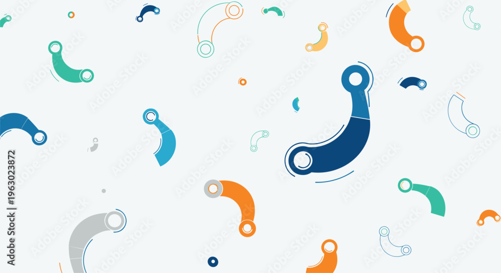 Fototapeta premium Playful seamless pattern featuring scattered, stylized C-shaped or curved link elements in vibrant blue, green, orange, and grey on a white background.