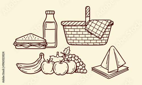 Farm market food set outline sketch vector illustration
