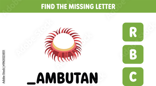 Educational game for children to find the missing letter for the rambutan fruit word