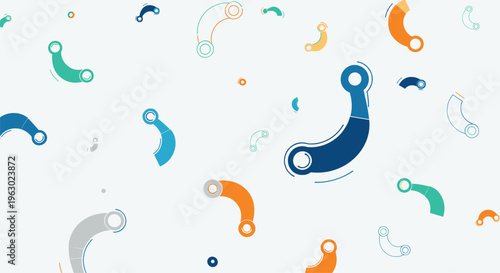 Playful seamless pattern featuring scattered, stylized C-shaped or curved link elements in vibrant blue, green, orange, and grey on a white background.