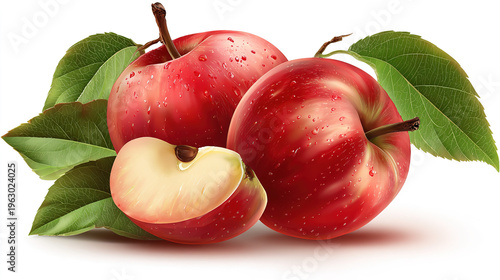 Red apple whole pieces set isolated on white background