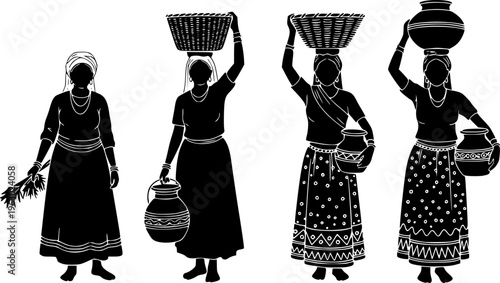 Traditional Village Women Carrying Baskets and Pots Silhouette Collection - Rural Daily Life Vector Set