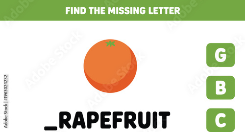 Educational game for children to find the missing letter of the word grapefruit