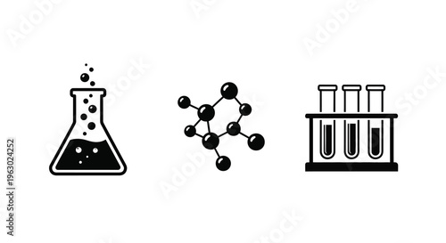 Science icons featuring glassware and molecular structures a black silhouette