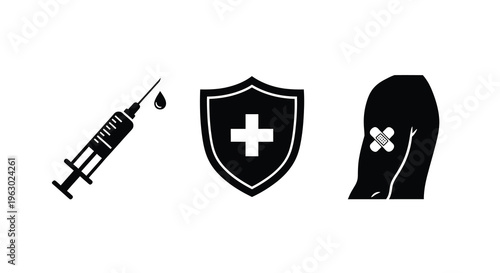 Vaccination symbols syringe shield and arm with bandage silhouette