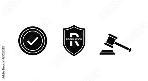 Legal icons depicting regulation security and justice as a silhouette