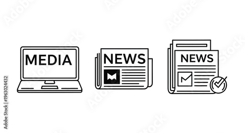 Three black and white media icons depicting screens and newspapers silhouette