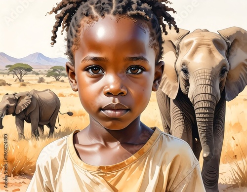 Portrait of a child in Africa with elephants in the background, set in a sunny savanna