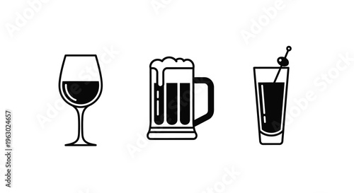Three alcoholic beverages in a minimalist black silhouette