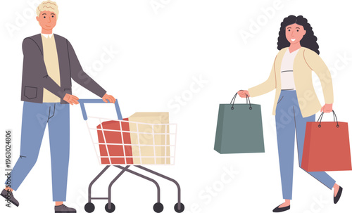 Couple shopping together pushing cart and carrying bags filled with items happily outdoors