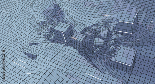 Dynamic 3D wireframe landscape depicting fractured cubes and debris amidst a distorted grid, evoking destruction and geological instability.