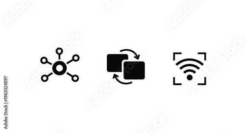 Three black icons representing network connections data transfer and wifi silhouette