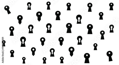 Playful seamless pattern featuring scattered black keyholes of various sizes and orientations on a clean white background, symbolizing mystery.