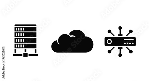Server cloud and network device icons in a stark black silhouette