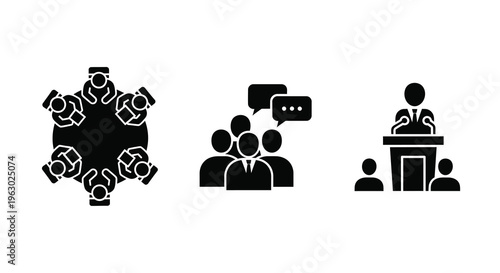 Business meeting icons depict teamwork and presentations a dark silhouette