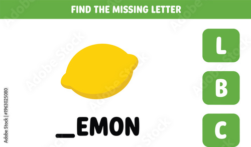 Educational worksheet for children to find the missing letter for a yellow lemon