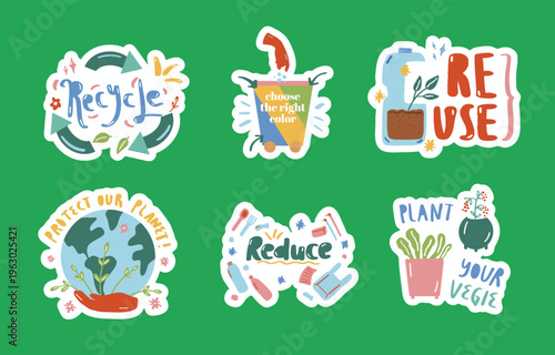 Colorful stickers promoting environmental awareness with recycle reduce and reuse themes