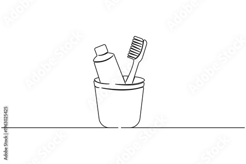 Simple hand drawn one line sketch of toothbrush and paste for bathroom interior decor