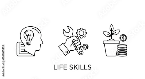 Icons representing idea tools and growth with life skills text silhouette