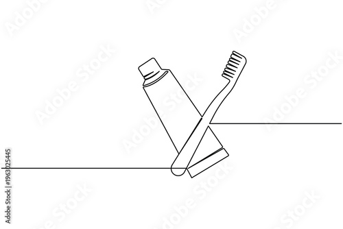 Continuous one line drawing of a toothbrush and toothpaste tube on white background