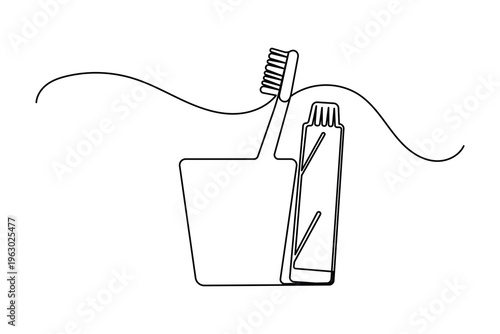 Minimalist single line art of dental care tools with toothbrush and paste in a cup