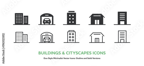 建物のベクターアイコンセット。ビル,車庫,店舗,建築物の線画とシルエットのシンプルアイコン