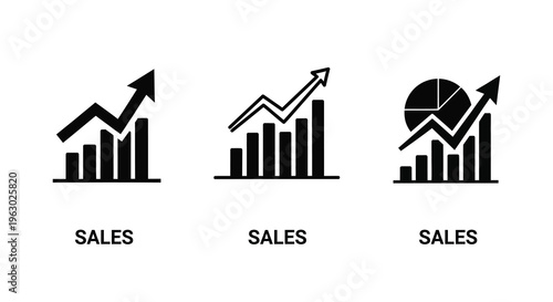 Three sales growth charts with text labels a graphic silhouette
