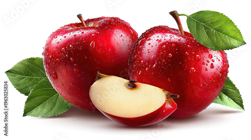 Red apple whole pieces set isolated on white background