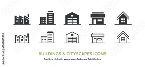 工場,ビル街,倉庫,店舗,家のベクターアイコンセット。線画と塗りのシンプルなアイコン