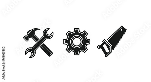 Tools including a hammer wrench gear and saw black silhouette