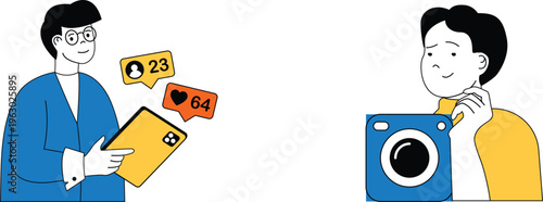 Two people engaging with social media and photography capturing moments in a modern digital world setting