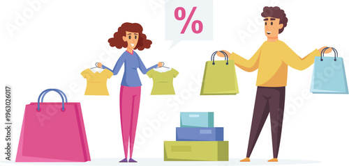 Couple shopping together for discounted clothing items and accessories during a sale event